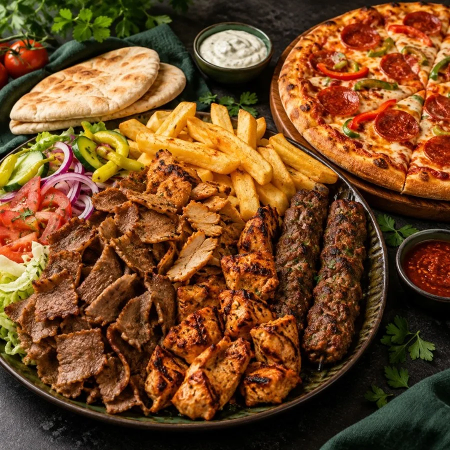 Backwell Haz's mixed kebab platter with doner, shish, kofte, chips, salad and pepperoni pizza