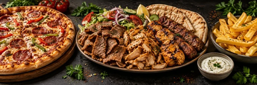 Backwell Haz's Pizza Kebab feast with pepperoni pizza, mixed kebab platter, chips and garlic sauce